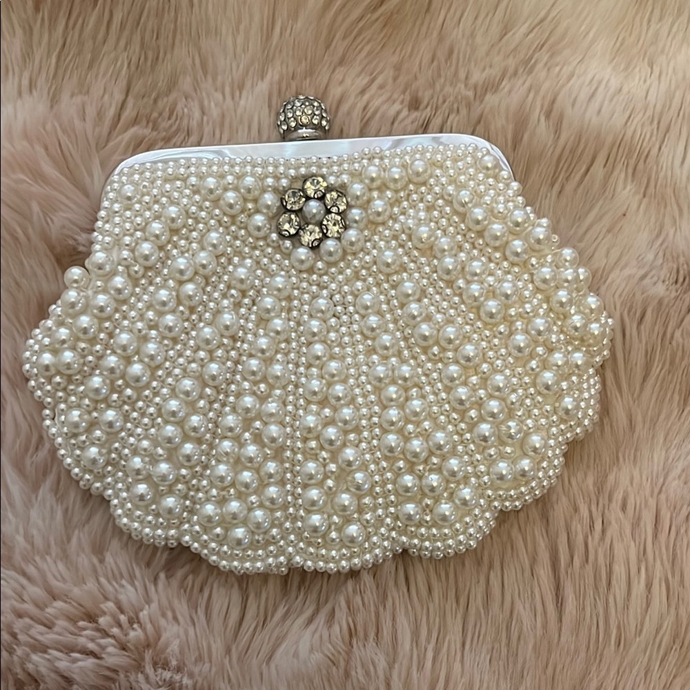 Vintage Pearl-Embellished Cream Clutch
